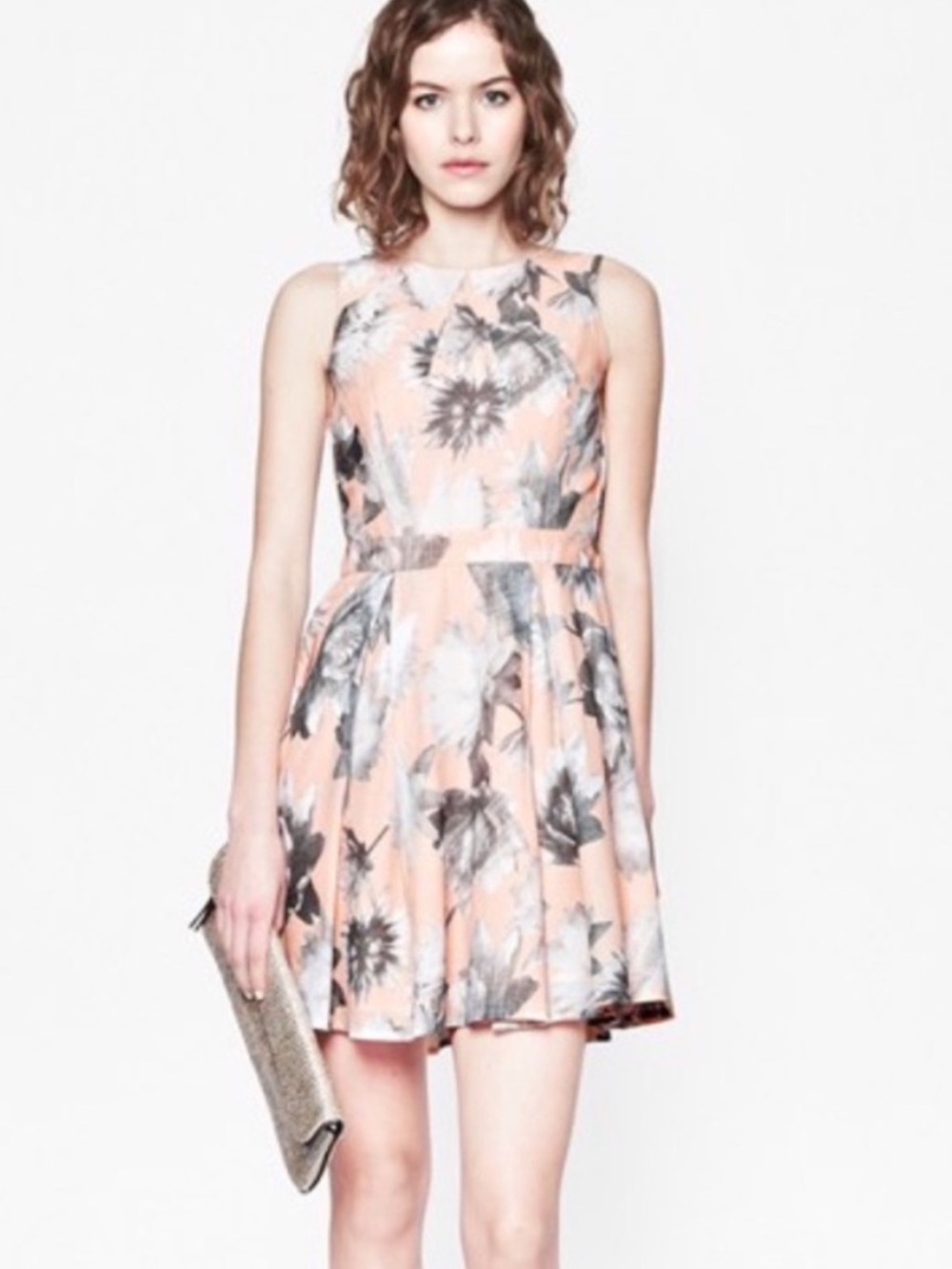 FRENCH CONNECTION NWT Dress Peach Gray Floral Screen Print Skater Cotton